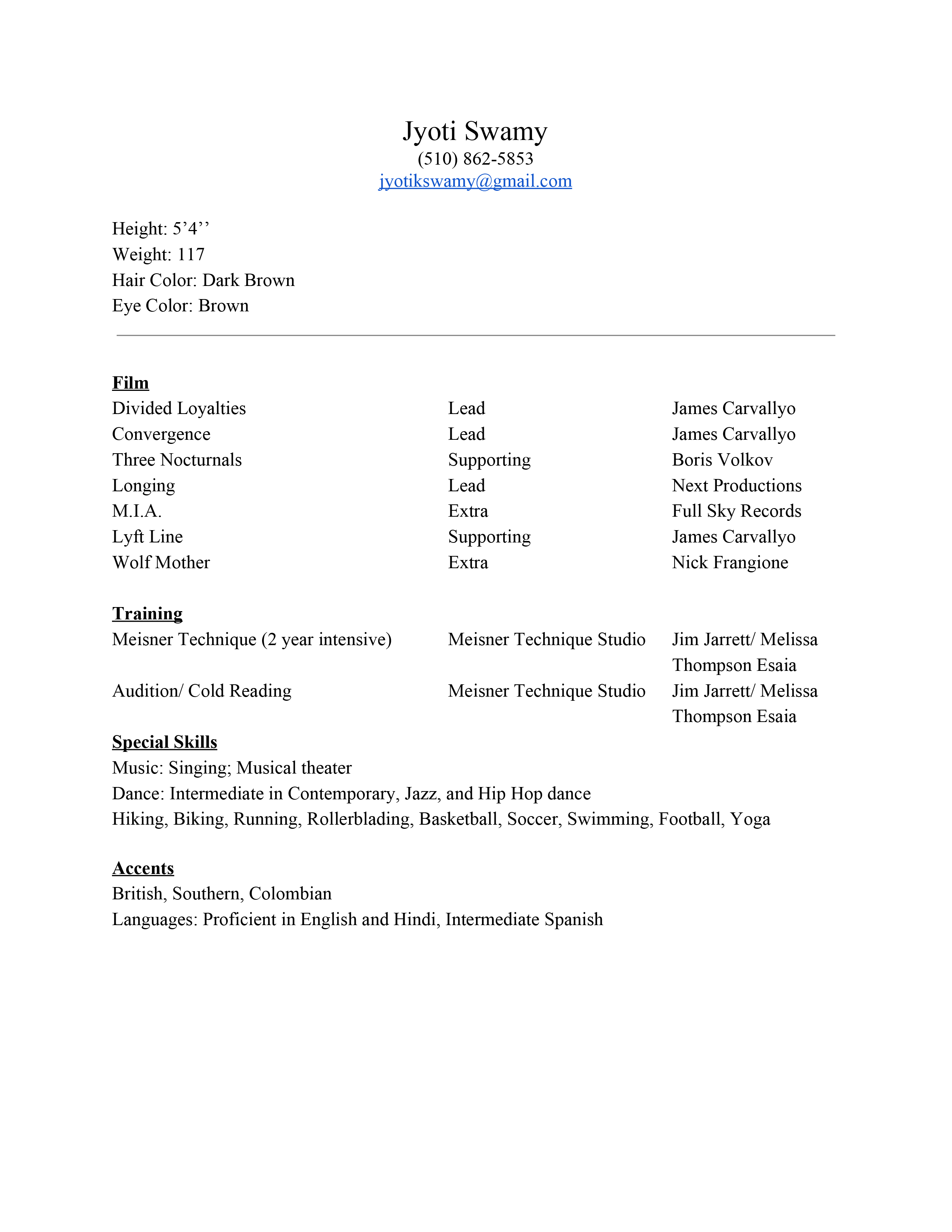 Jyoti Swamy Acting Resume